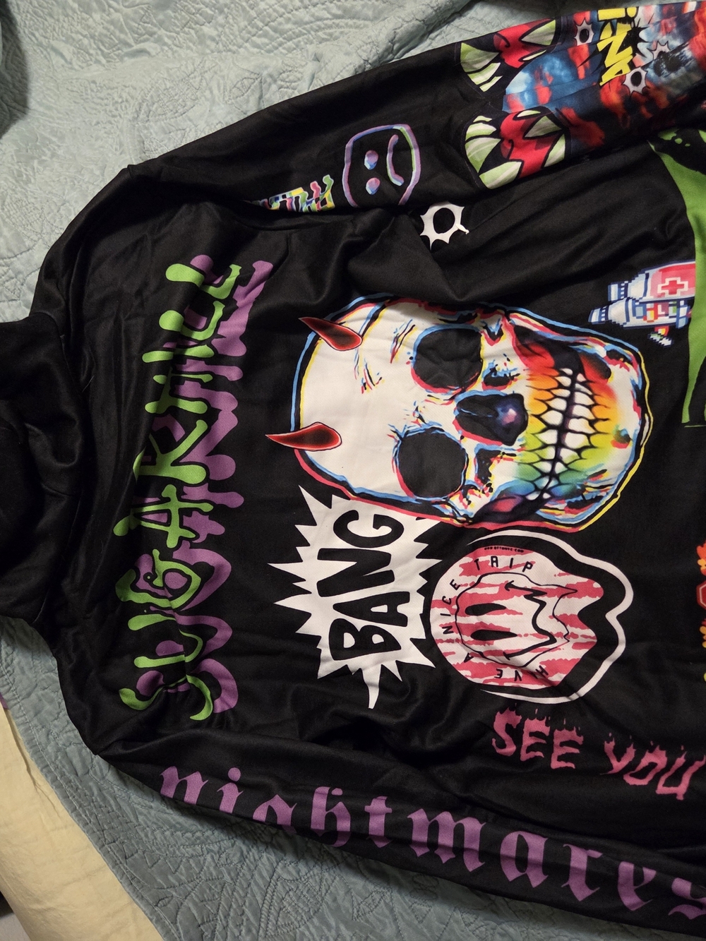 Black Graphic Performance Hoodie with Multicolor Anime Panels - Picture 9 of 11